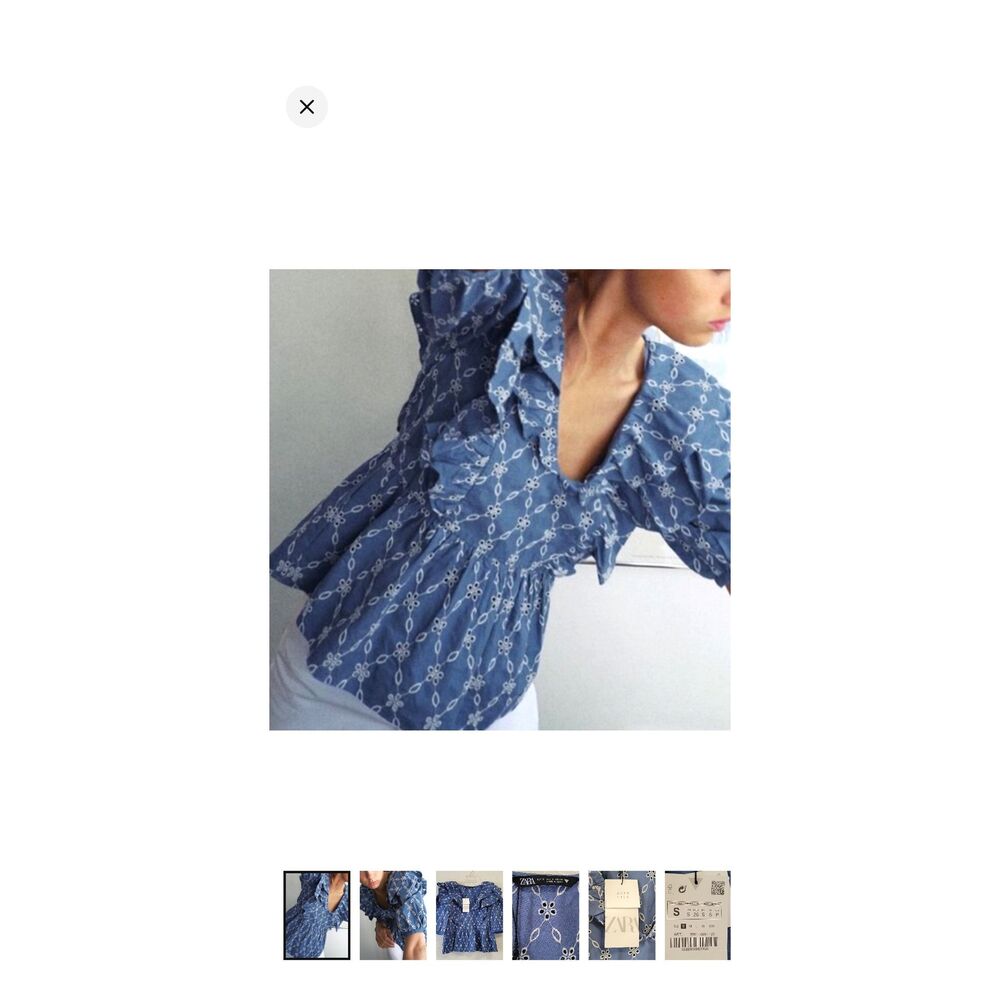 Zara women’s S blue white floral eyelet flutter ruffle French cottage farmhouse